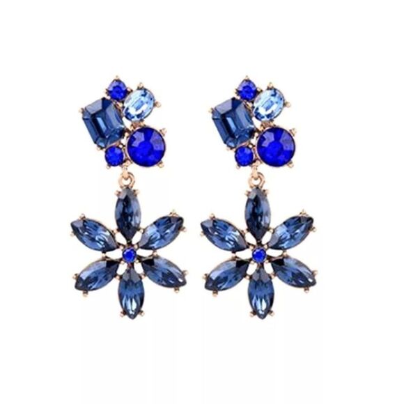 Blue Flower Crystal Vintage Gold Dangle Statement Earrings - Picture 1 of 4